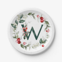 Winter Berries Monogram W Papper Plate