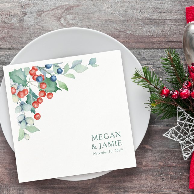 Winter Berries och Holly Bröllop Napkins Pappersservett (Winter Wedding Cocktail Napkins with Holly and Winter Berries)