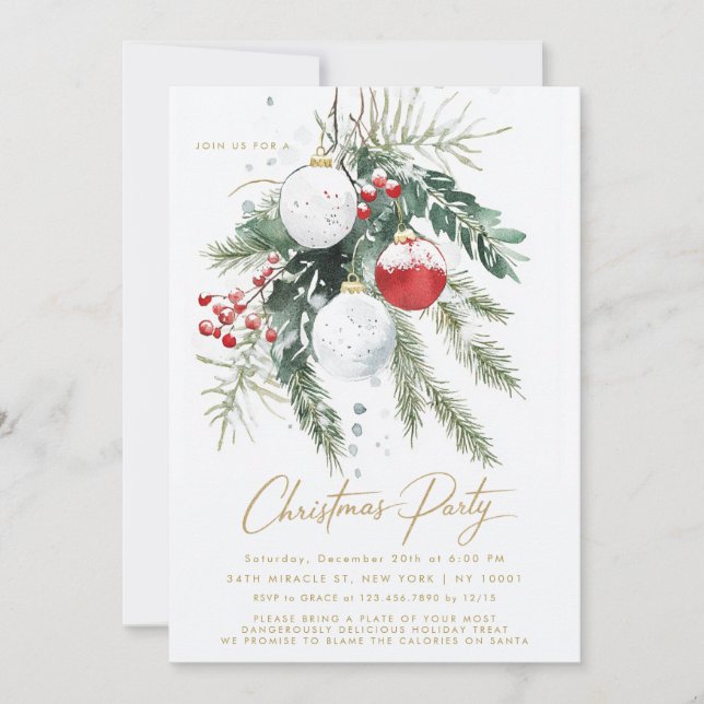 Winter Berries Red White Ornaments jul Party Inbjudningar (Framsida)