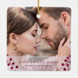Winter Berries Rosa Married och Merry Photo Julgransprydnad Keramik