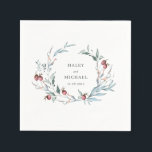 Winter Berries Rustic Botanical Wandec Bröllop Pappersservett<br><div class="desc">En vacker naturinspirerad vinterbröllopsdesign med en rustik botanisk krans av röda bär och klokpigt löv i mjuka vattenfärgade nyanser av rött, teal, blått och grönt. En smakfull textlayout för elegant är redot att anpassa sig till bridens och gruppens datum namn och bröllop. Denna utformning är ett vackert val för bröllop...</div>