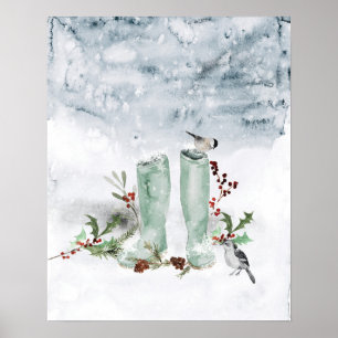 Winter Berry, fåglar och Snö Poster