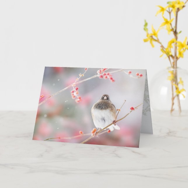 "Winter Berry Junco", 5" x 7" viktigt födelsedagsg Kort (Gul blomma)