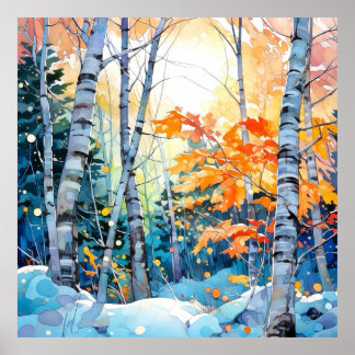Winter Birch Träd Forest Wall Art Skriv ut Poster