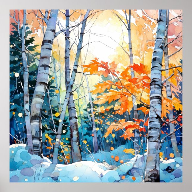 Winter Birch Träd Forest Wall Art Skriv ut Poster (Framsidan)