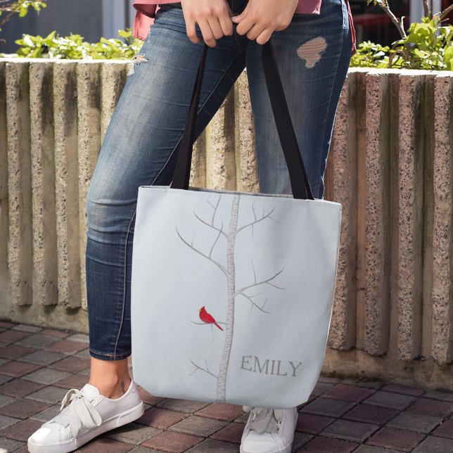Winter Birch Träd Tote Bag Tygkasse (Red Cardinal birch tree simple tote bag)