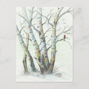 Winter Birches Färgpenna Art Vykort