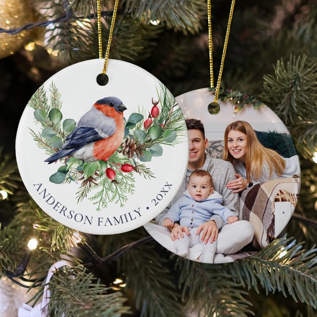Winter Bird Christmas Bullfinch Family Photo  Julgransprydnad Keramik (Skapare uppladdad)