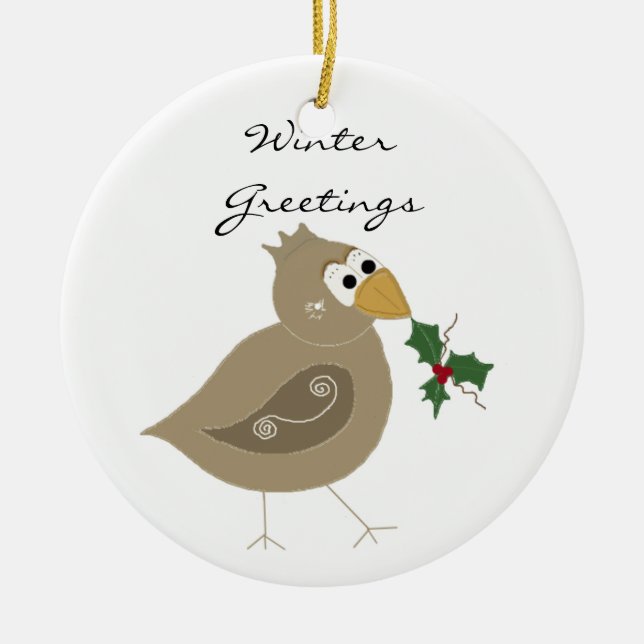 Winter Bird med Sprig Holly Julgransprydnad Keramik (Framsidan)
