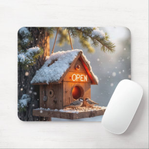 Winter Birdhouse med Neon Open Sign Musmatta