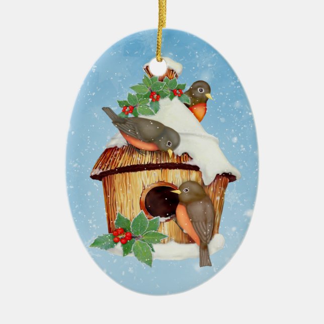 Winter Birds and Birdhouse - Anpassa Julgransprydnad Keramik (Framsidan)