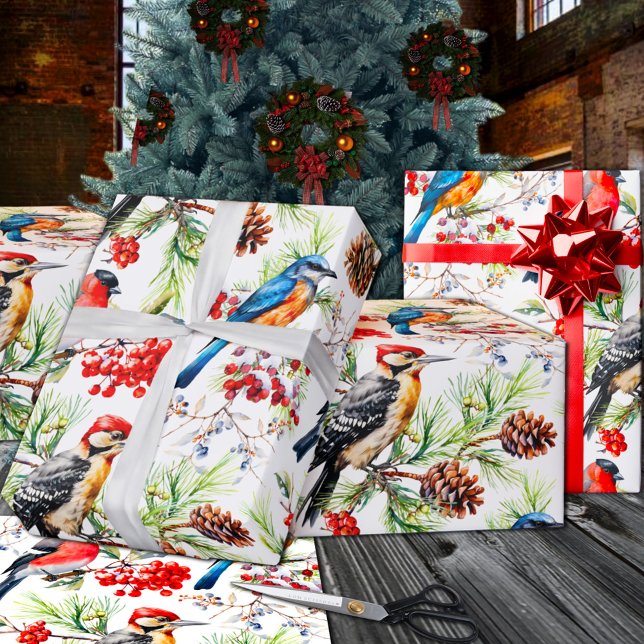 Winter Birds Gräs Cones & Red Berries Helgdag Presentpapper (Winter Birds Pine Cones & Red Berries Holiday Wrapping Paper Rolls in 6 and 15 foot lengths)