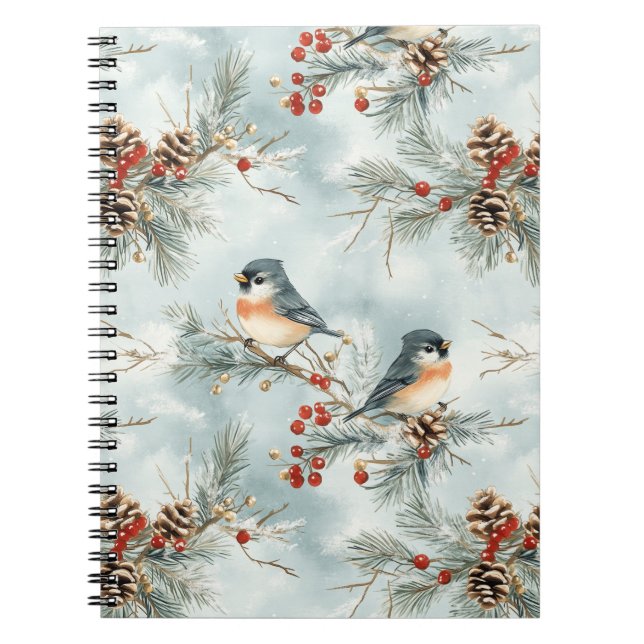Winter Birds Mönster med Pinecones och Snö Anteckningsbok (Framsidan)