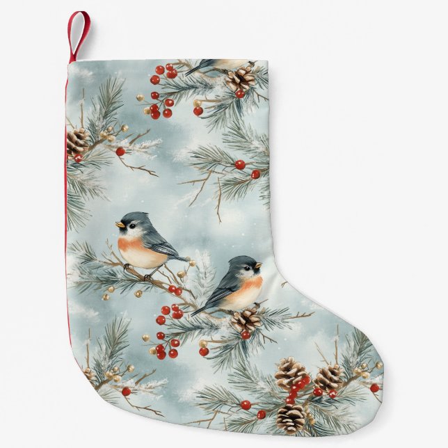 Winter Birds Mönster med Pinecones och Snö Liten Julstrumpa (Framsidan)