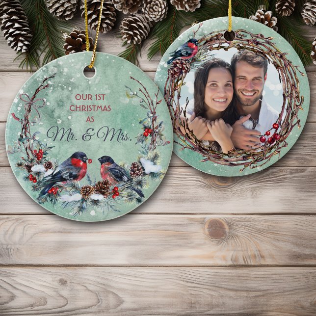 Winter Birds Mr & Mrs Photo Template Julgransprydnad Keramik (Skapare uppladdad)