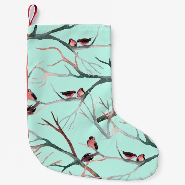Winter Birds Träd Grenar Watercolor Liten Julstrumpa (Framsidan)