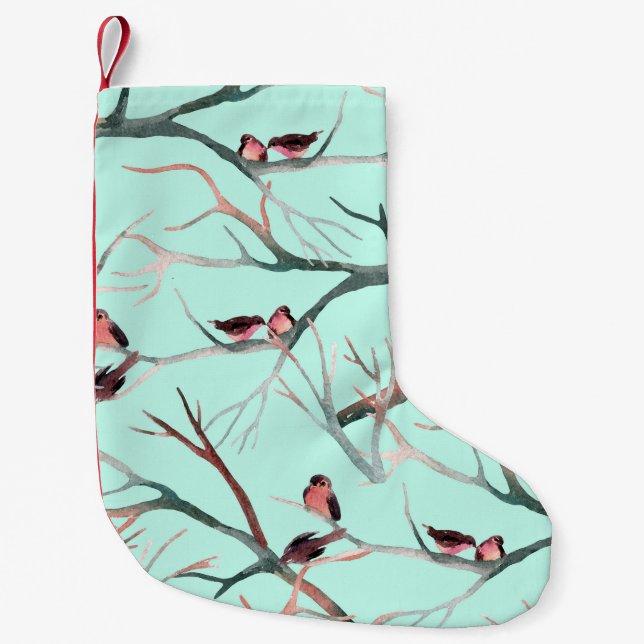 Winter Birds Träd Grenar Watercolor Liten Julstrumpa (Framsidan)