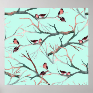 Winter Birds Träd Grenar Watercolor Poster