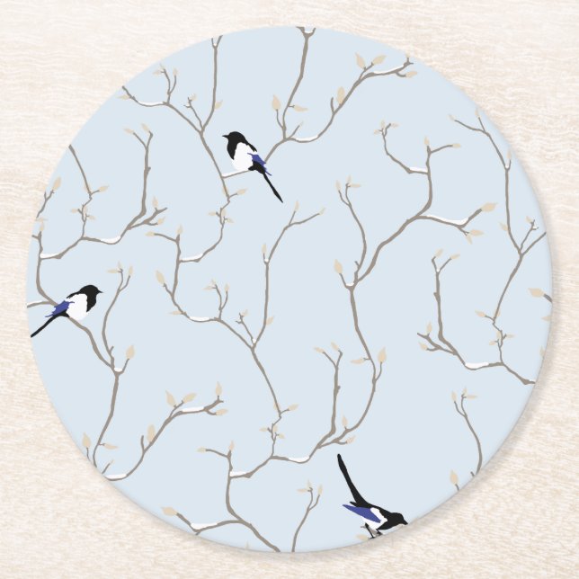 Winter BIrds Underlägg Papper Rund (Framsidan)