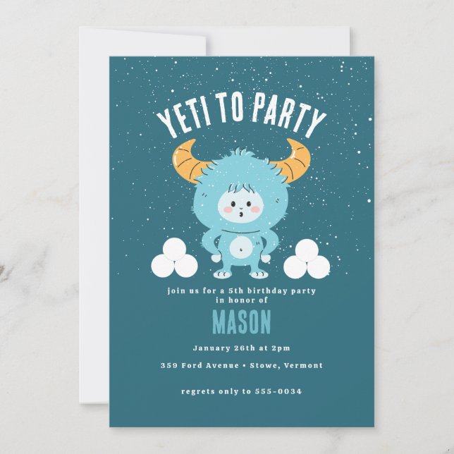 Winter Birthday Blue Boy Snö ’Yeti to Party’ Inbjudningar (Framsida)