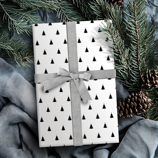 Winter Black and White Julgran Helgdag Presentpapper (Winter Black And White Christmas Tree Holiday Wrapping Paper)