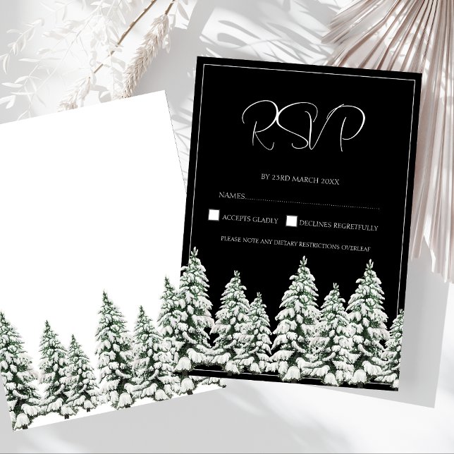 Winter Black and White Snowy Gräs Träd Bröllop OSA Kort (Winter Black and White Snowy Pine Trees Wedding RSVP Card)