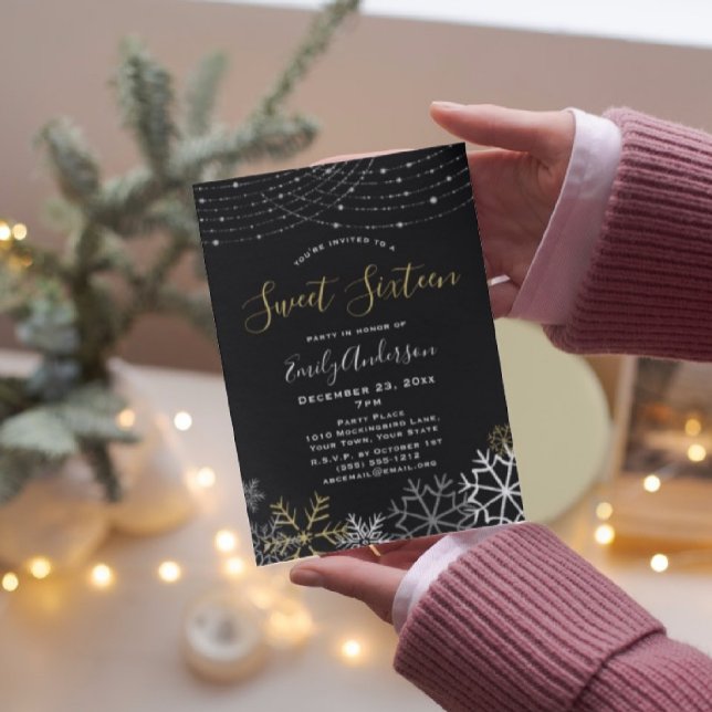Winter Black Guld Silver Snowflake Sweet 16 Inbjudningar (Skapare uppladdad)