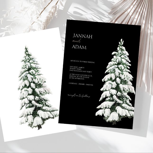 Winter Black Snö Julgran Bröllop Inbjudningar (Winter Black and White Snowy Pine Tree Wedding Invitation)