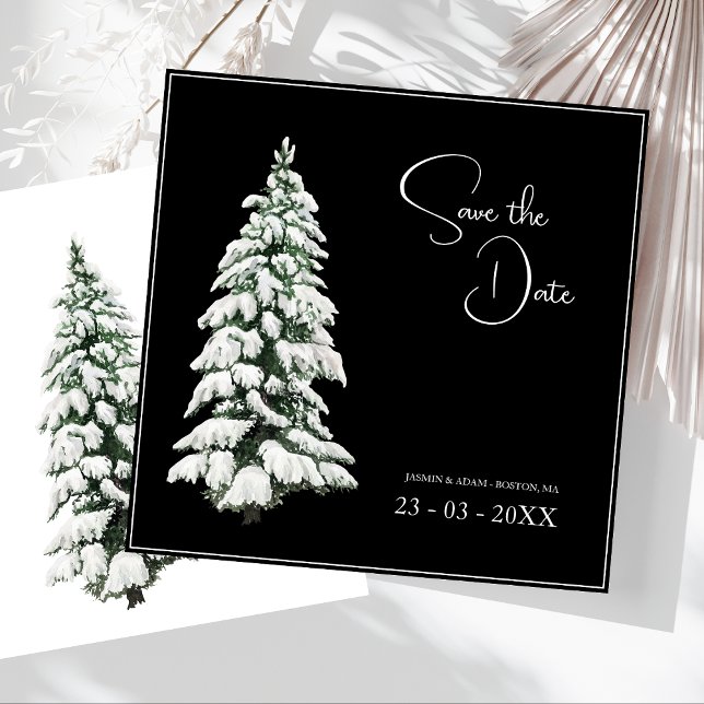 Winter Black Snö Julgran Bröllop Spara Datumet (Winter Black and White Snowy Pine Tree Wedding Save The Date)