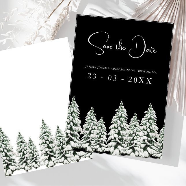Winter Black Snö Julgranar Bröllop Spara Datumet (Winter Black and White Snowy Pine Trees Wedding Save The Date)