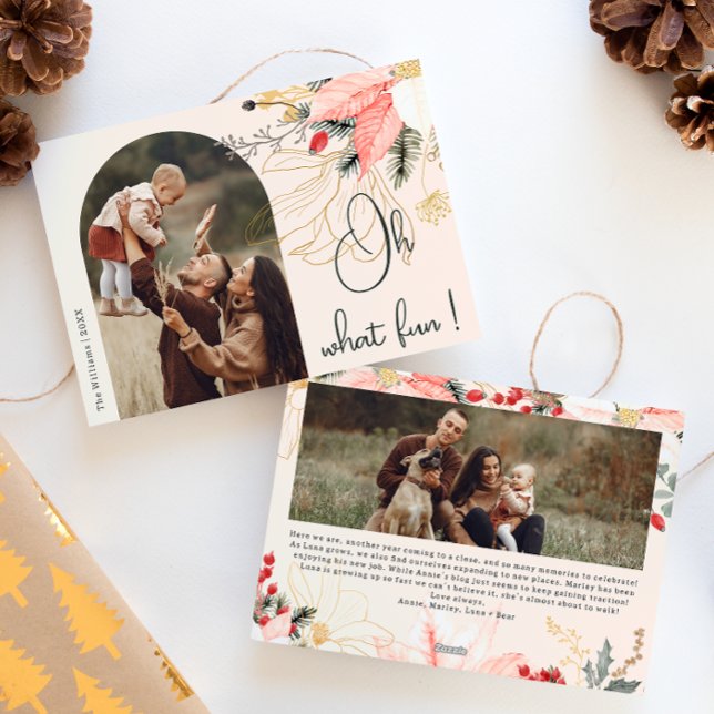 Winter Blommigt Arch Rosa Oh What roligt Two Photo Julkort (Skapare uppladdad)