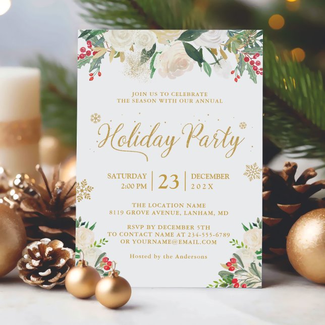 Winter Blommigt Berries Guld Glitter Julfest Inbjudningar (Sample 1)