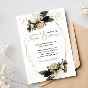 Winter blommigt elegant guld geometriska bröllop inbjudningar