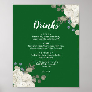 Winter Blommigt Grönt Bröllop Drinks Menu Sign Poster