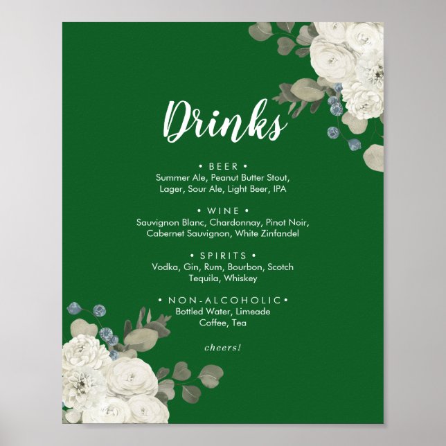 Winter Blommigt|Grönt Bröllop Drinks Menu Sign Poster (Framsidan)