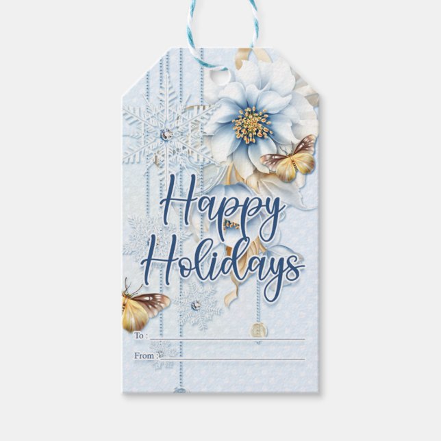 Winter Blommigt och Butterflies Glad helg Presentetikett (Framsidan)