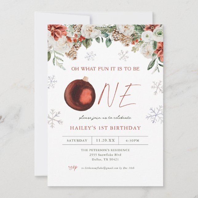 Winter Blommigt Oh What Roligt Girl 1st Birthday P Inbjudningar (Framsida)