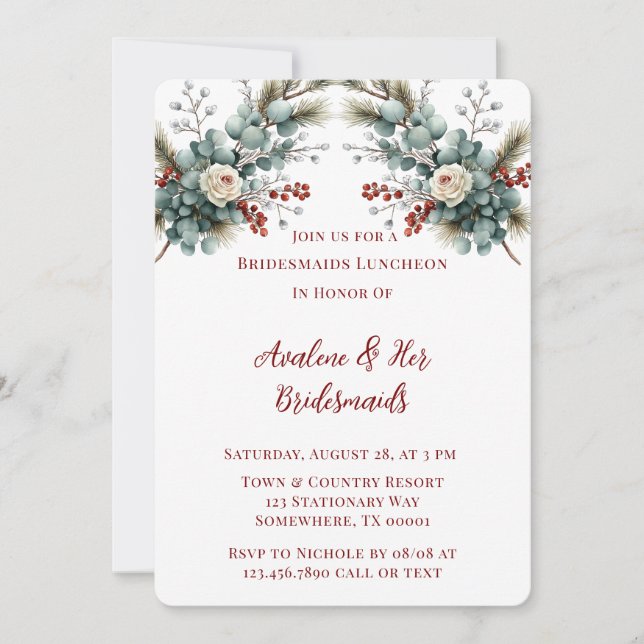 Winter Blommigt Red Vit ros Bridesmaids Luncheon Inbjudningar (Framsida)