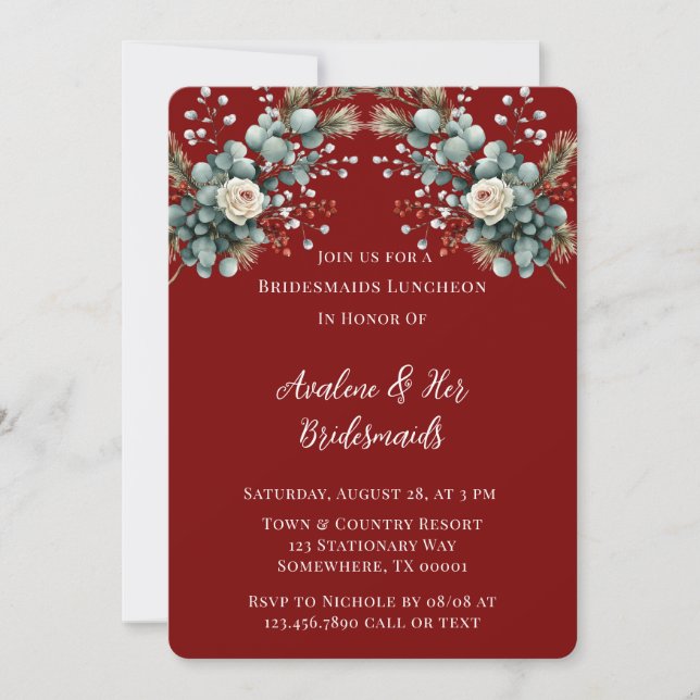 Winter Blommigt Red Vit ros Bridesmaids Luncheon Inbjudningar (Framsida)