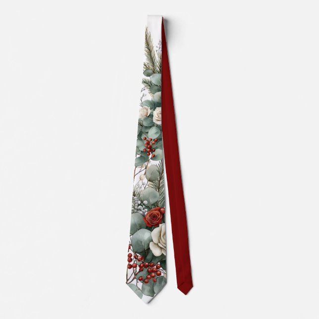 Winter Blommigt Red Vit ros Bröllop Groom Slips (Framsida)