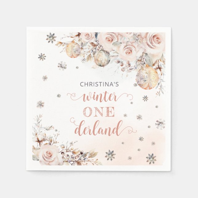 Winter Blommigt Snowflake ONEderland 1st Birthday Pappersservett (Framsidan)
