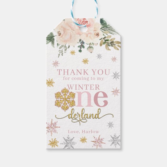 Winter Blommigt Snowflake ONEderland 1st Birthday Presentetikett (Framsidan)