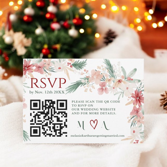 Winter Blommigt Watercolor Bröllop OSA QR-kod (Winter Floral Watercolor Wedding RSVP QR Code)