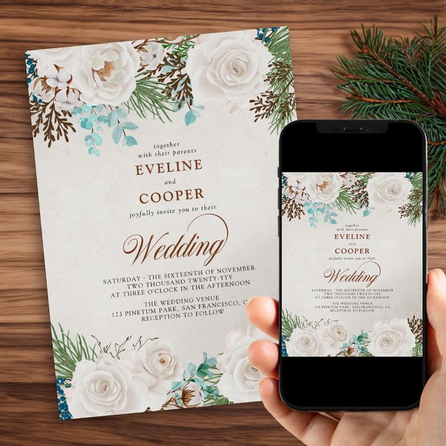 Winter Blommigt Watercolor Vit ros Bröllop Inbjudningar (Winter Wedding Invitation with Pine Eucalyptus and White Roses. Order Printed or Printable Download.)