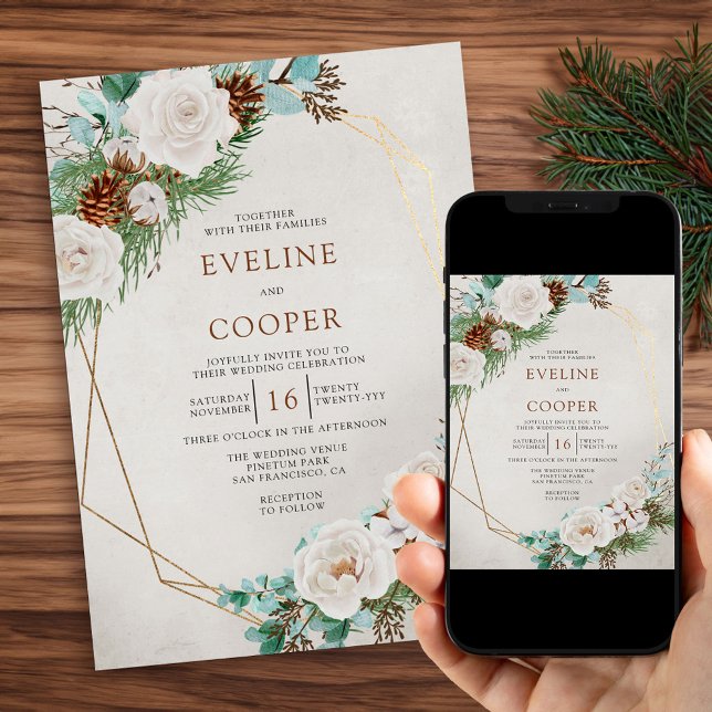 Winter Blommigt Watercolor Vit ros Gräs Bröllop Inbjudningar (Winter Wedding Invitation with Pine Eucalyptus and White Roses. Order Printed or Printable Download.)
