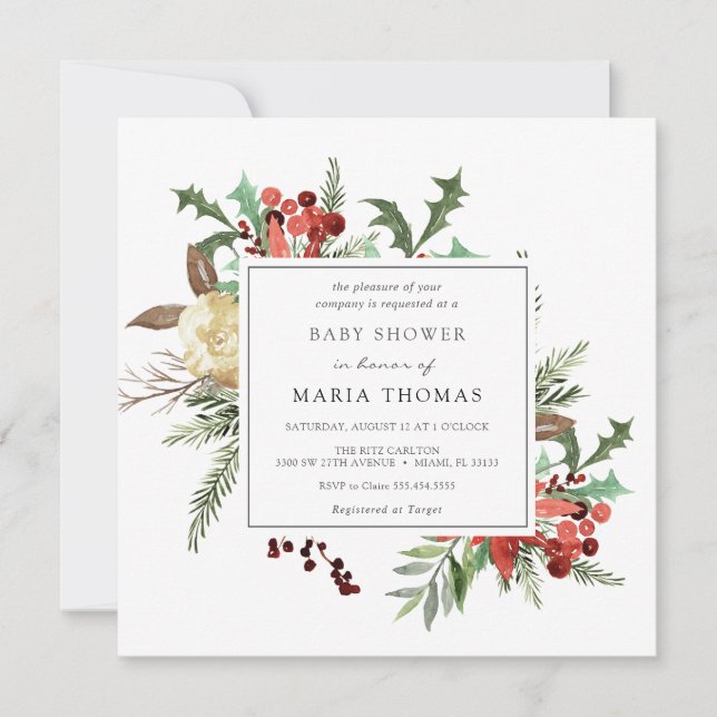 Winter-Blommigtar och Evergreen Baby Shower Inbjudningar (Framsida)