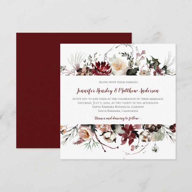 Winter Blooms - Burgundy Text Bröllop | Inbjudningar (Fram/baksida)