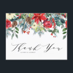 Winter Blooms Garland Botanical Bröllop Tack Vykort<br><div class="desc">Skicka tack med anpassadets blommigt tack till vykortet. Den har en blommigt med vattenfärg,  med poinsettiska blommor,  rött och elfenben ro,  pinekoner,  vinbär och grönmark. Anpassa genom att lägga till namn,  meddelanden och annan information. Blommigtens tack är perfekten för vinterbröllop,  möhippor,  babyduschar och så mycket mer.</div>