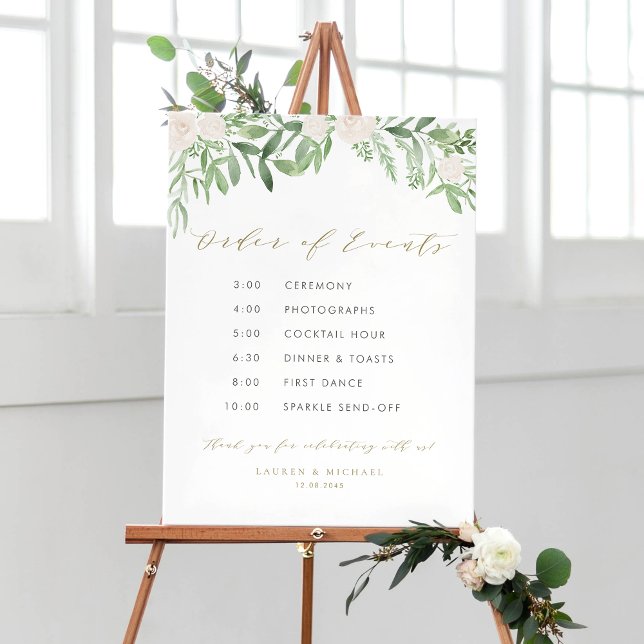 Winter Blooms Garland Bröllop evenemangsorder Poster (Customizable watercolor wedding timeline sign featuring watercolor greenery and white flowers)