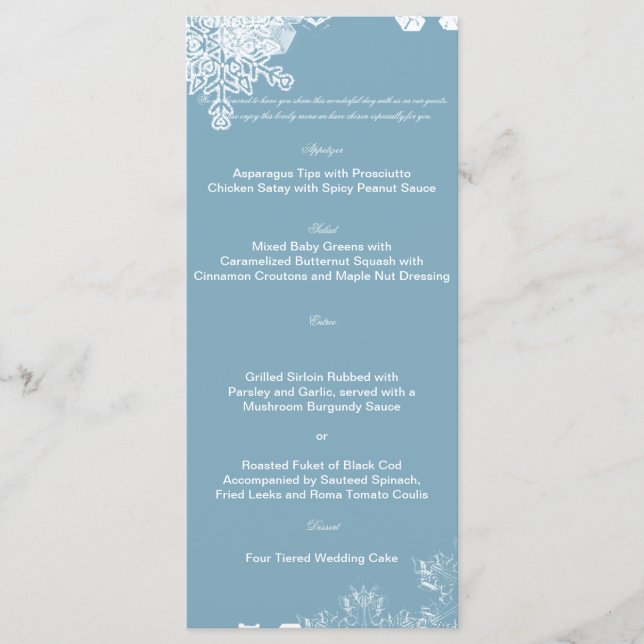 Winter Blue and White Snowflake Bröllop Menu Meny (Framsida)